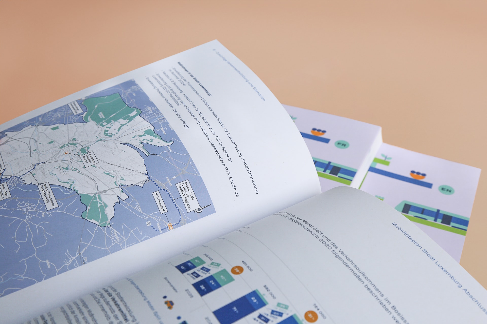 Page ouverte d'une brochure affichant une carte détaillée des routes de Luxembourg avec des descriptions en allemand, avec des brochures similaires visibles en arrière-plan sur une surface à la couleur pêche.
