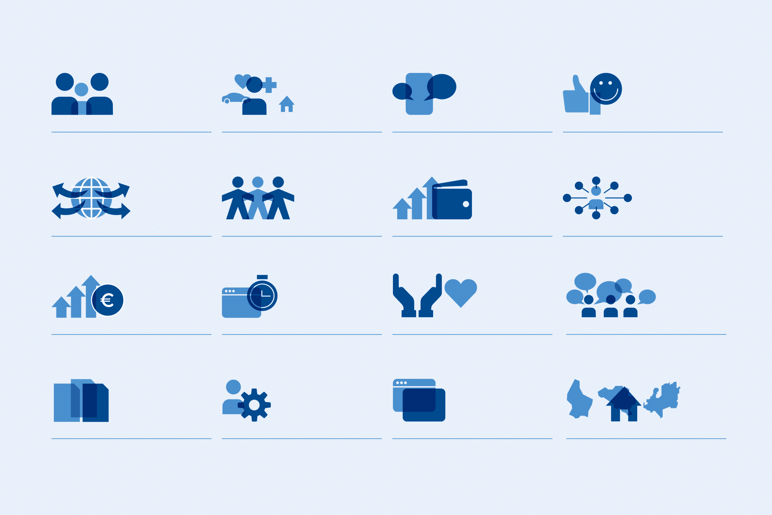 Grille d'icônes bleues sur fond clair représentant divers services et concepts, tels que la famille, les finances, le bien-être, les voyages, et les réseaux sociaux, organisées en quatre rangées.