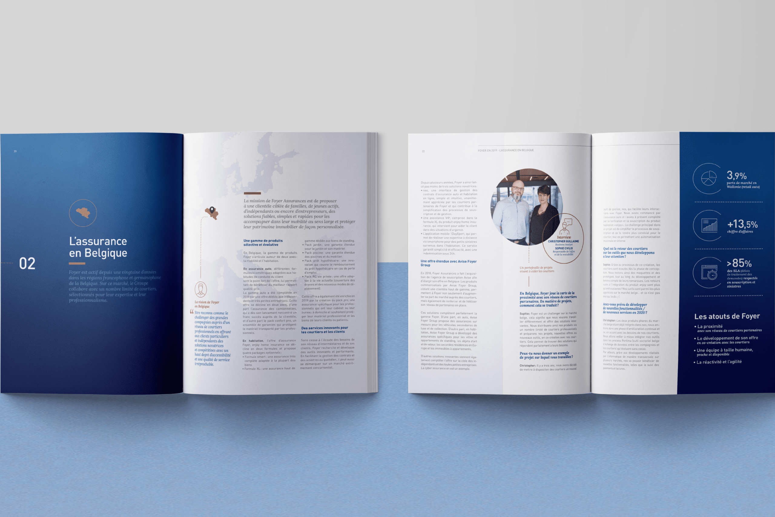 Brochure ouverte sur une double page présentant des informations sur l'assurance en Belgique avec du texte, des graphiques et une photo de deux personnes, tout en nuances de bleu.