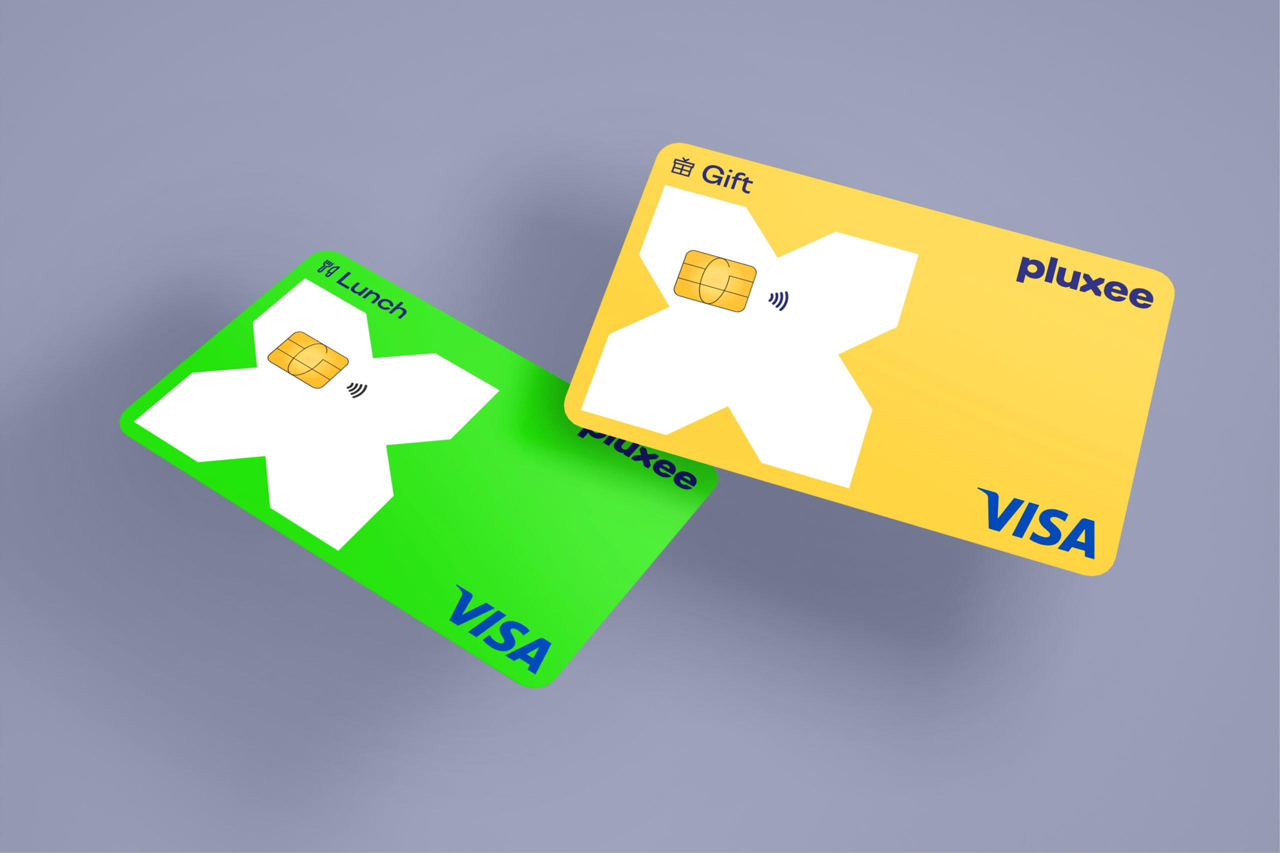 Deux cartes de paiement Pluxee sur un fond gris. La carte verte à gauche est étiquetée 