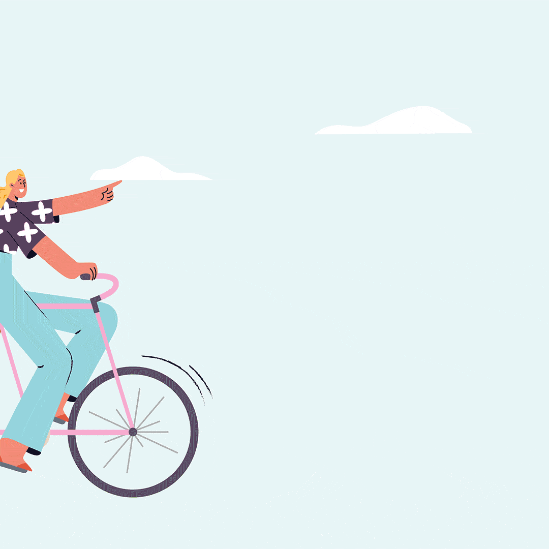 Animation GIF montrant une personne joyeuse, blonde, roulant sur un vélo rose. La personne porte un pantalon bleu clair et un haut noir avec des motifs blancs en forme de croix. Elle pointe du doigt en avant, semblant montrer une direction ou une destination, avec un fond minimaliste de ciel bleu clair et quelques nuages blancs.
